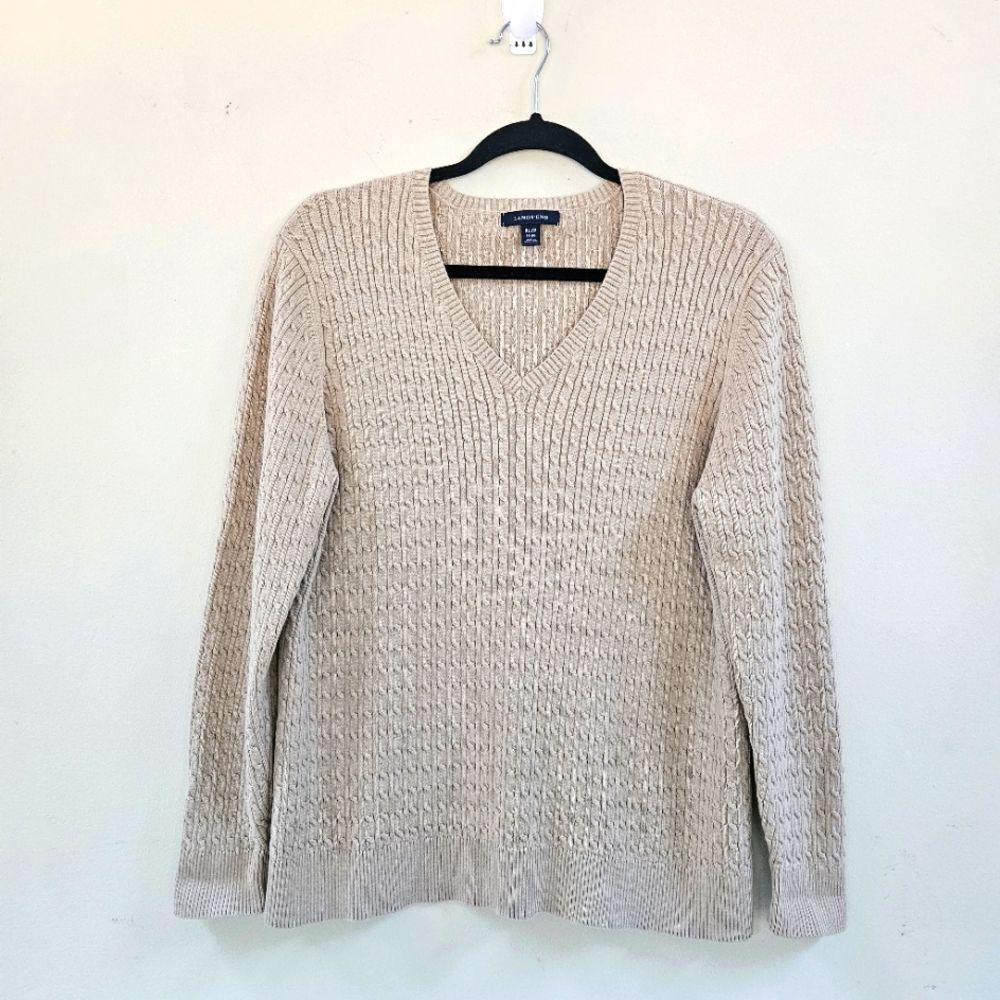 Lands End Women Sz XL/P Tan V-Neck Cable Knit Sweater Tennis Preppy Academia